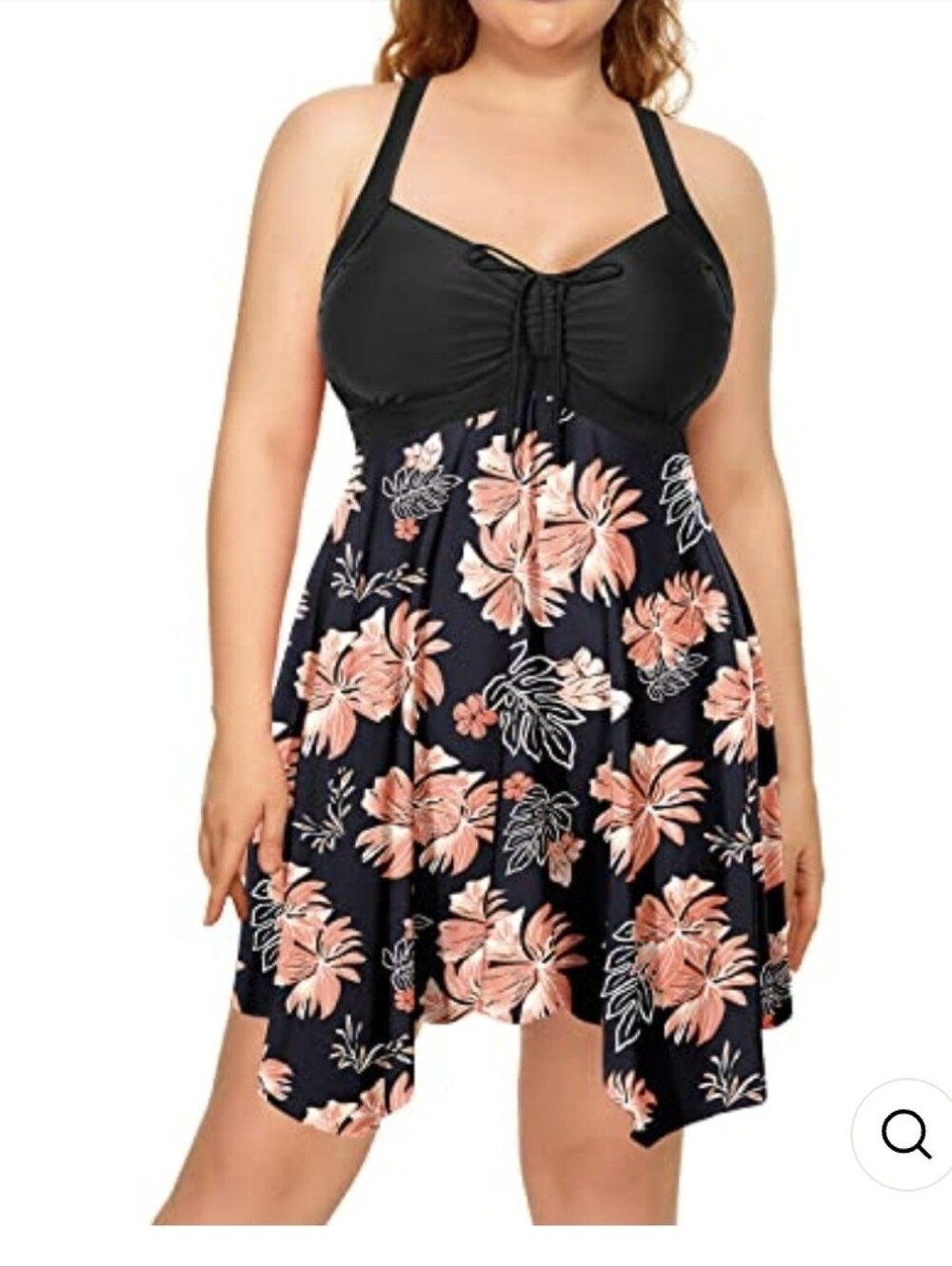 Plus Size Floral Tankini Swim Dress - Black with Peach Flowers (Top Only)